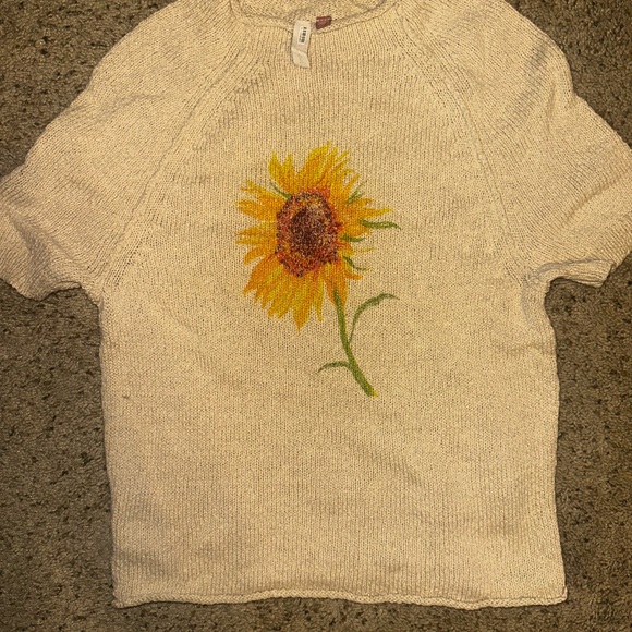 Pilcro Sunflower Knit Short Sleeve Sweater – Cream Embroidered Top xs - Picture 2 of 3